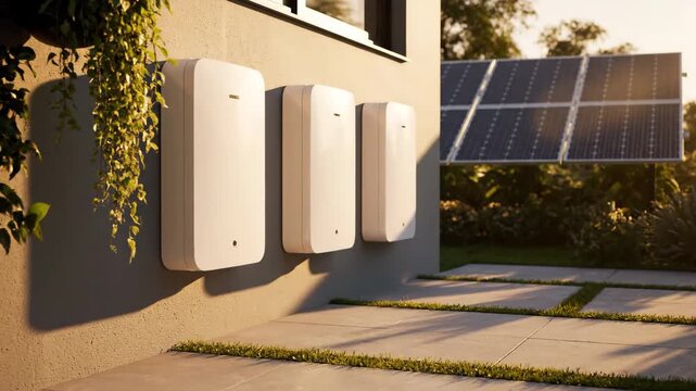 Exterior view of a modern home featuring a wall mounted battery storage system and solar panels during a warm sunset.