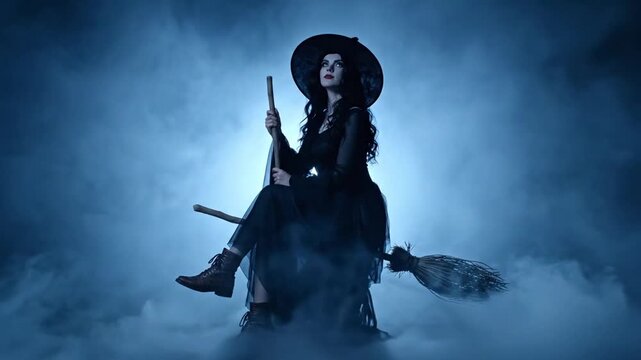 Witch Sitting on Broomstick Prop Surrounded by Fog, Cinematic Halloween