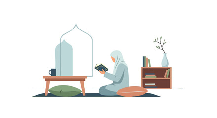 Ramadan Kareem 2026 A Beautiful Ramadan Illustration Featuring a Table Set for Iftar with Dates, a Quran, and a Lantern under a Night Sky