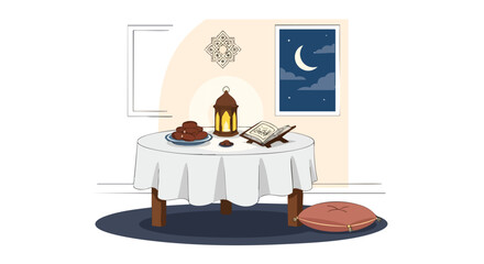 Celebrating the spirit of Ramadan Kareem 2026 with a beautifully prepared Iftar table featuring dates, lantern, and the Quran, embodying tradition and peaceful reflection