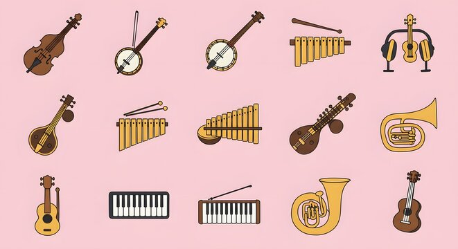 Assortment of cartoon-style stringed and percussion musical instruments on a pale pink backdrop