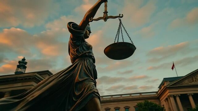 Statue of justice standing tall with scales and sword at sunset