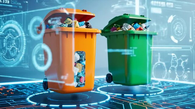 Orange and green trash bins overflowing with waste on a digital futuristic technology background with data charts.
