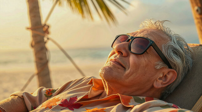 AI-generated image of a Canadian snowbird senior on a tropical beach