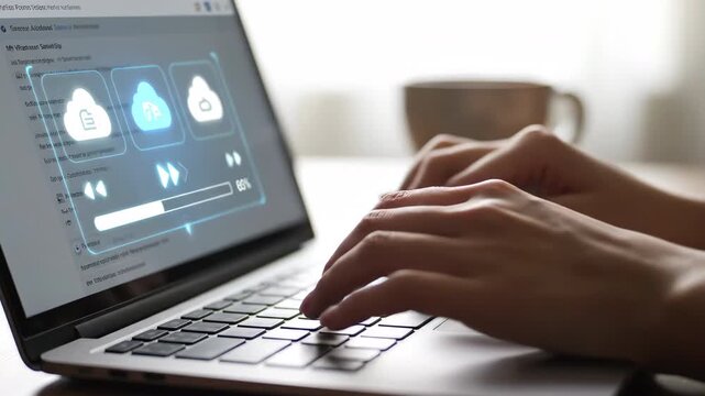 Close up of hands typing on a laptop showing a cloud storage interface with a coffee cup nearby.