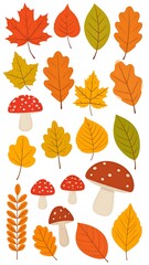 Obraz premium Assortment of colorful, cartoon-like autumn leaves and mushrooms on a white background