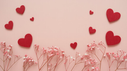 Romantic hearts and delicate flowers on a soft pink background