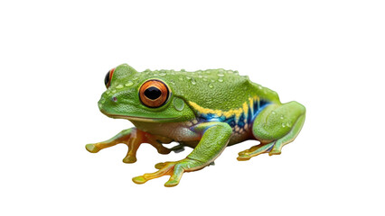 Obraz premium Green frog with distinctive yellow and blue stripes isolated on transparent background