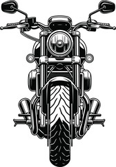 Classic cruiser motorcycle illustration in a bold highcontrast black and white style front view. © Vhya