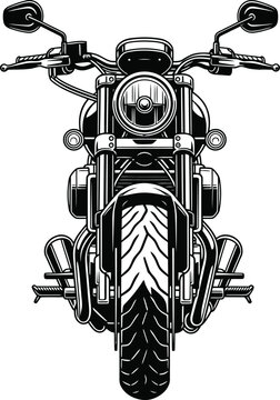 Classic cruiser motorcycle illustration in a bold highcontrast black and white style front view.