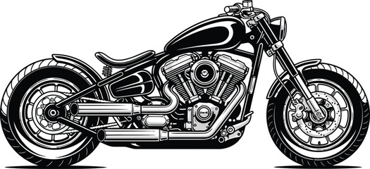 Classic custom chopper motorcycle with a Vtwin engine detailed black and white graphic illustration. © Vhya