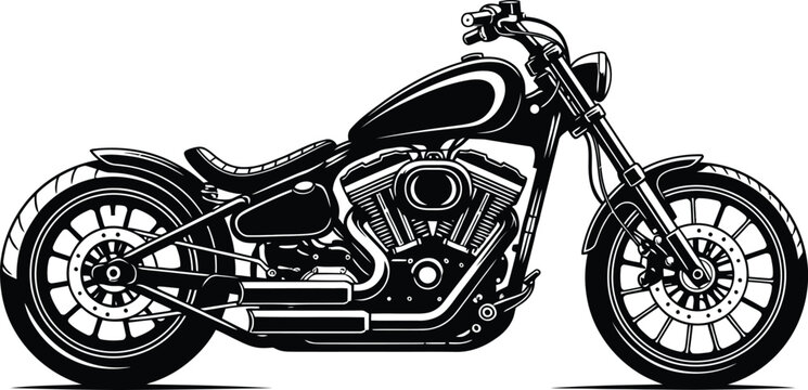 Classic custom chopper motorcycle with a Vtwin engine in a detailed black and white illustration.