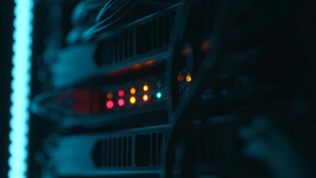 Close up of a server rack with colorful blinking lights and a neon blue glow.