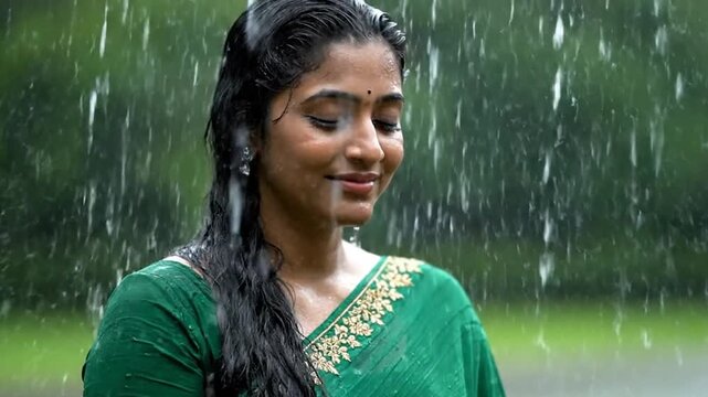 Beautiful Indian Woman Enjoying Monsoon Rain Outdoors.