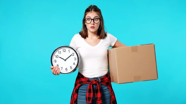 Surprised young woman holding a clock and a cardboard box with a blue background.