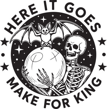 A spooky illustration of a skeleton and bat with a celestial theme and a crown symbol.