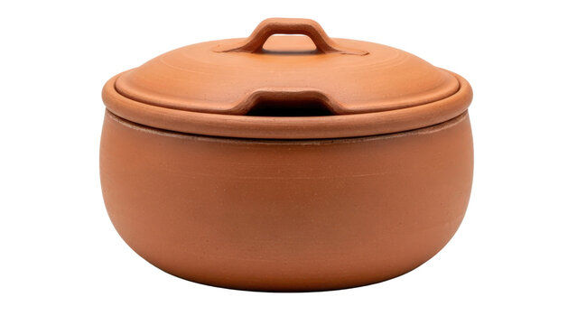 Terracotta clay pot with lid and handle on top isolated on transparent background