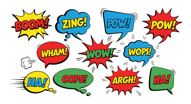 Comic book speech bubbles with colorful explosion words