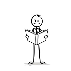 Stick Figure Businessman Reading an Open Book with a Smile.