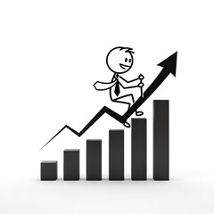 Stick Figure Businessman Riding Upward Trend Graph Symbolizing Success.