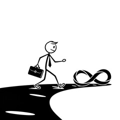 Stick figure businessman walking towards an infinity symbol on a road.