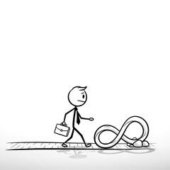 Stick figure businessman walking towards an infinity symbol on a path.