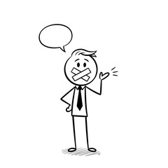 Stick Figure Businessman with Mouth Taped Shut and Speech Bubble.