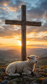 A lamb resting at the base of a wooden cross on a hilltop, bathed in the soft glow of a sunset. The scene evokes a sense of peace and spirituality