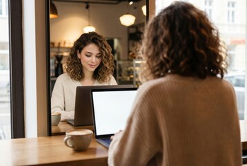 A woman using laptop in coffee shop, reflected in mirror, with coffee cup