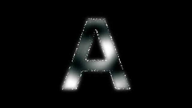 Soft letter A animation, white alphabet letter symbol with white plasma foggy effect and white particles outline