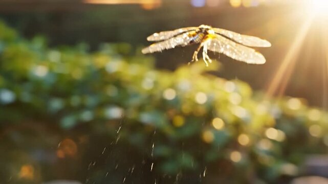 Dragonfly resting on rock with golden sunlight and transparent wings