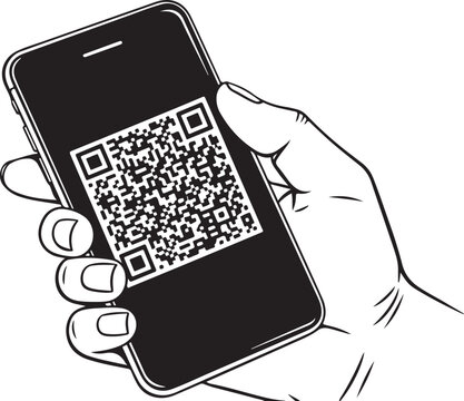Hand holding smartphone with QR code vector illustration for digital payment, technology, and modern communication design

