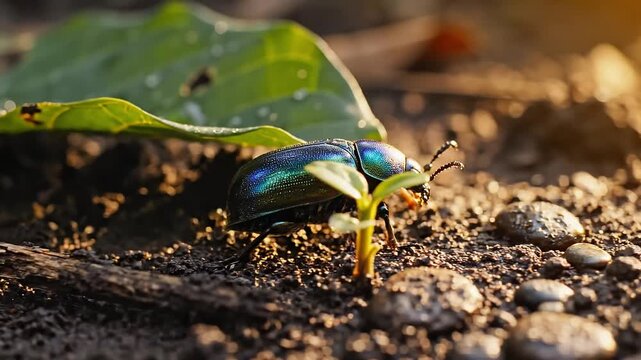 Close-up of a shiny, iridescent beetle under a green leaf at sunrise