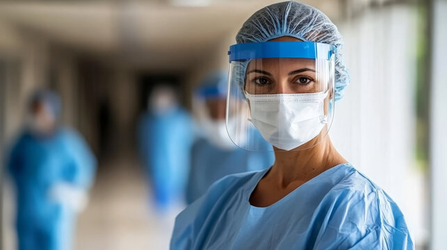 Female healthcare worker in full protective gear looks directly at the camera in a hospital hallway