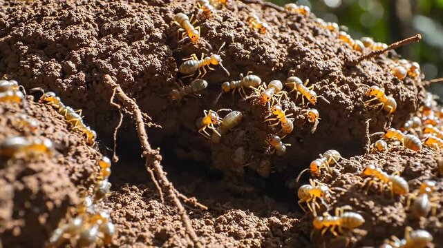 Close-up of numerous termites on a mound in a forest setting