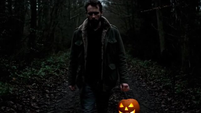 Man Carrying Pumpkin Lantern Along Dark Path at Night