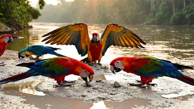 Colorful macaws gather at a riverbank in the Amazon rainforest at sunset