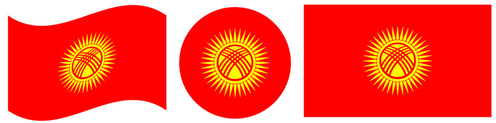 Collection of Kyrgyzstan flags isolated. Round flag of Kyrgyzstan in circle shape. Waving flag of Kyrgyzstan isolated. Rectangular flag.