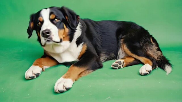 Cuddly Bernese Mountain Dog resting on green background