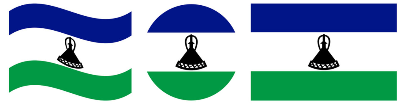Collection of Lesotho flag. Round Lesotho flag in circle shape. Waving flag of Lesotho. Rectangular flag of Lesotho.