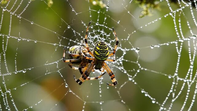Dewdrops adorn a spider's web with a vibrant striped spider