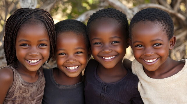 Four happy young African children with bright smiles, close-up portrait outdoors