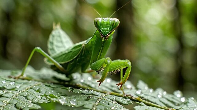 Green praying mantis with dew drops on fern leaves