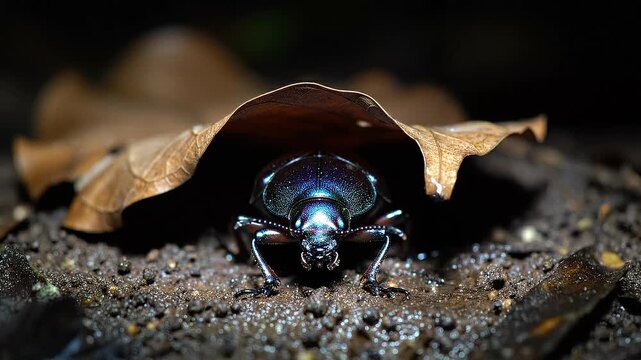 Iridescent beetle emerges from under a damp, fallen leaf