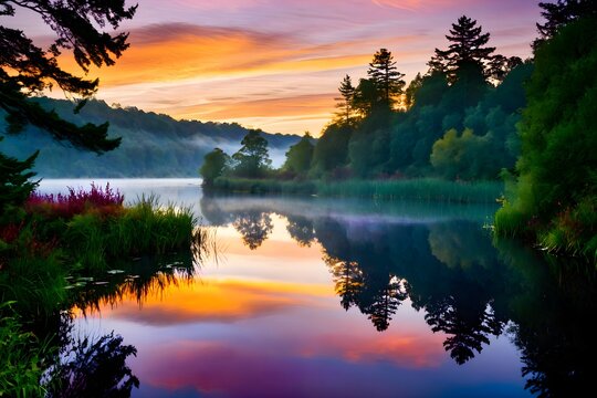 Sunset over misty forest lake with colorful sky pine tree silhouettes reflections