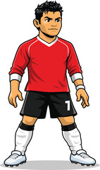 Vector cartoon illustration of a professional football wearing a classic red football jersey and black shorts, standing confidently in a ready position. The character a modern flat design. Basic RGB