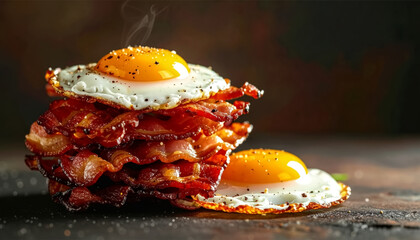 A stack of crispy bacon beside sunny side up egg