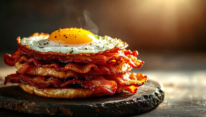 A stack of crispy bacon beside sunny side up egg