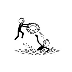 Stick figure throwing life preserver to drowning person in water.