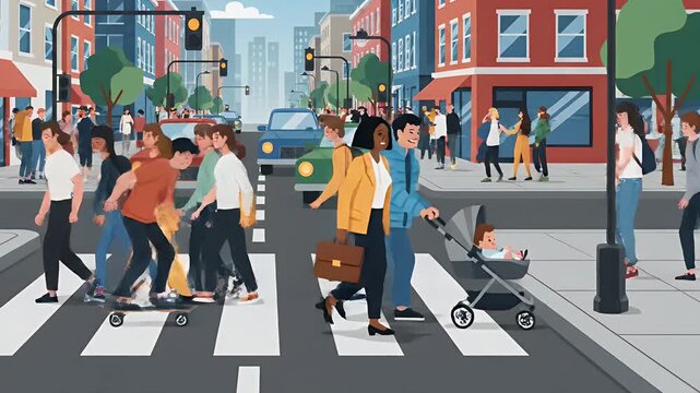 Diverse people walking and skateboarding on a busy city street